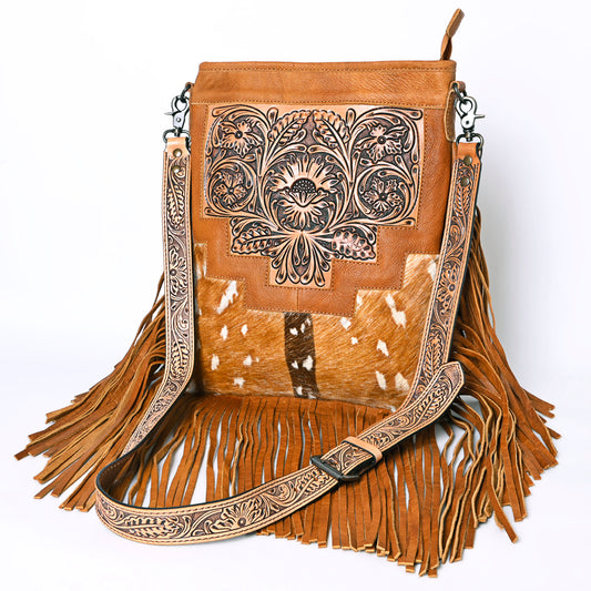 ADBG256 Tooled Leather & Cowhide Fringe Messenger Bag Western Boho Messenger by American Darling