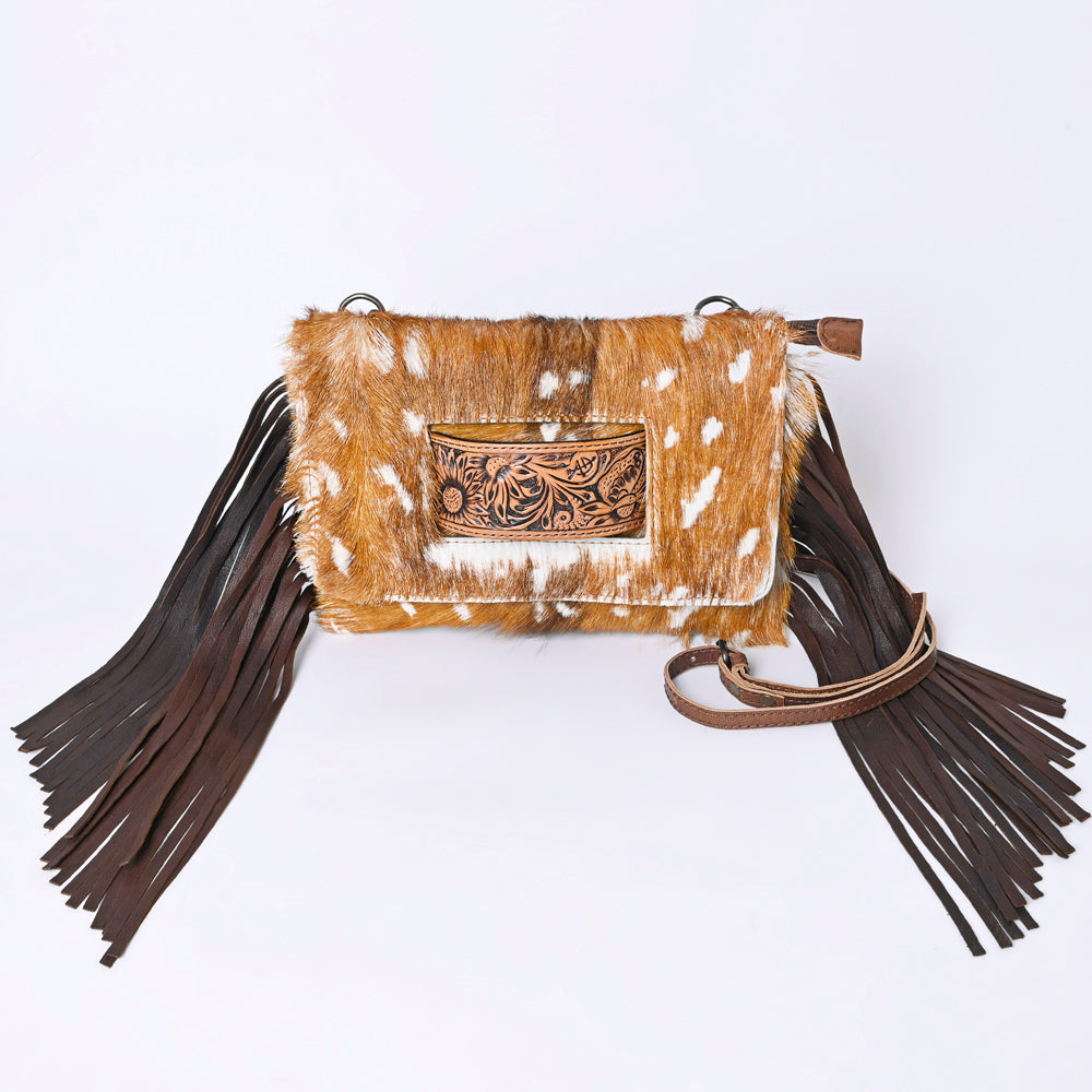 ADBG360 Hair-On Cowhide Crossbody Bag with Fringe and Tooled Leather Flap - Handmade Western Purse