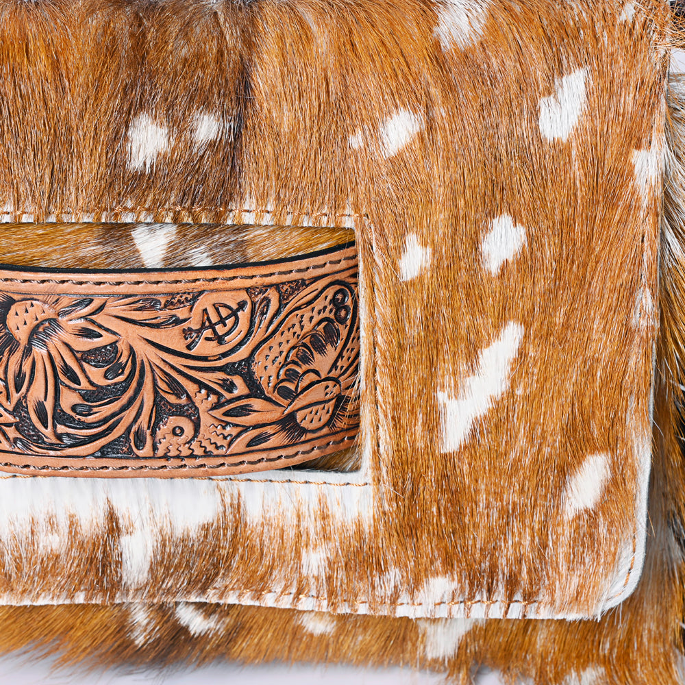 ADBG360 Hair-On Cowhide Crossbody Bag with Fringe and Tooled Leather Flap - Handmade Western Purse