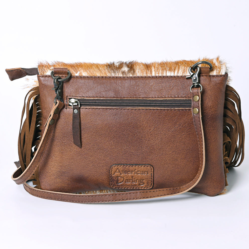 ADBG360 Hair-On Cowhide Crossbody Bag with Fringe and Tooled Leather Flap - Handmade Western Purse
