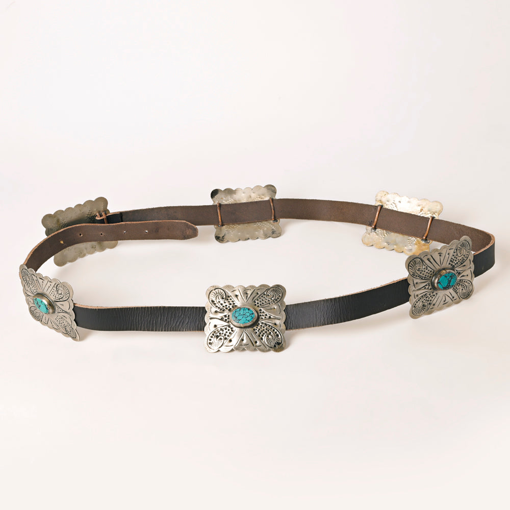ADBLA106 Square Turquoise Concho Western Leather Belt with Scalloped Silver Accents