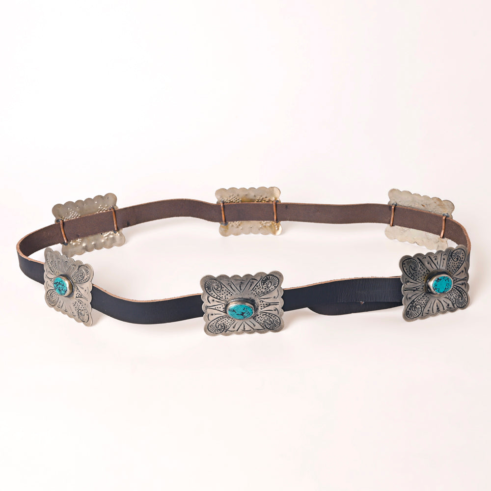 ADBLA106 Square Turquoise Concho Western Leather Belt with Scalloped Silver Accents
