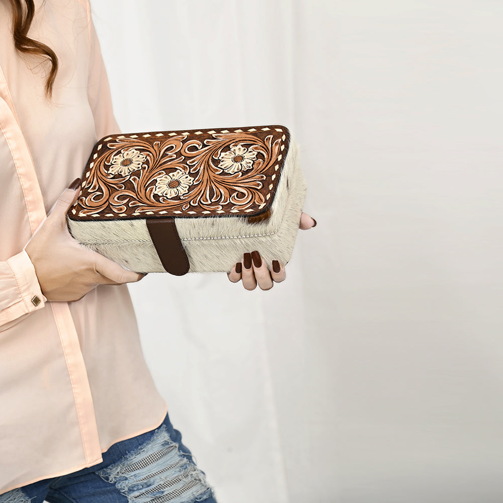 ADBGA422 Genuine Western Leather Jewelry Box Hand Tooled Floral & Cowhide by American Darling