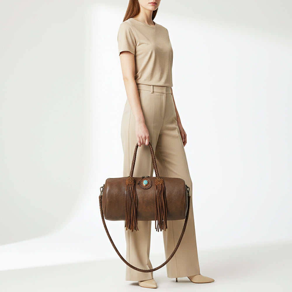 ADBGM356 Western Barrel Duffel Bag in Brown Leather with Turquoise Concho & Fringe - Handmade Travel Tote