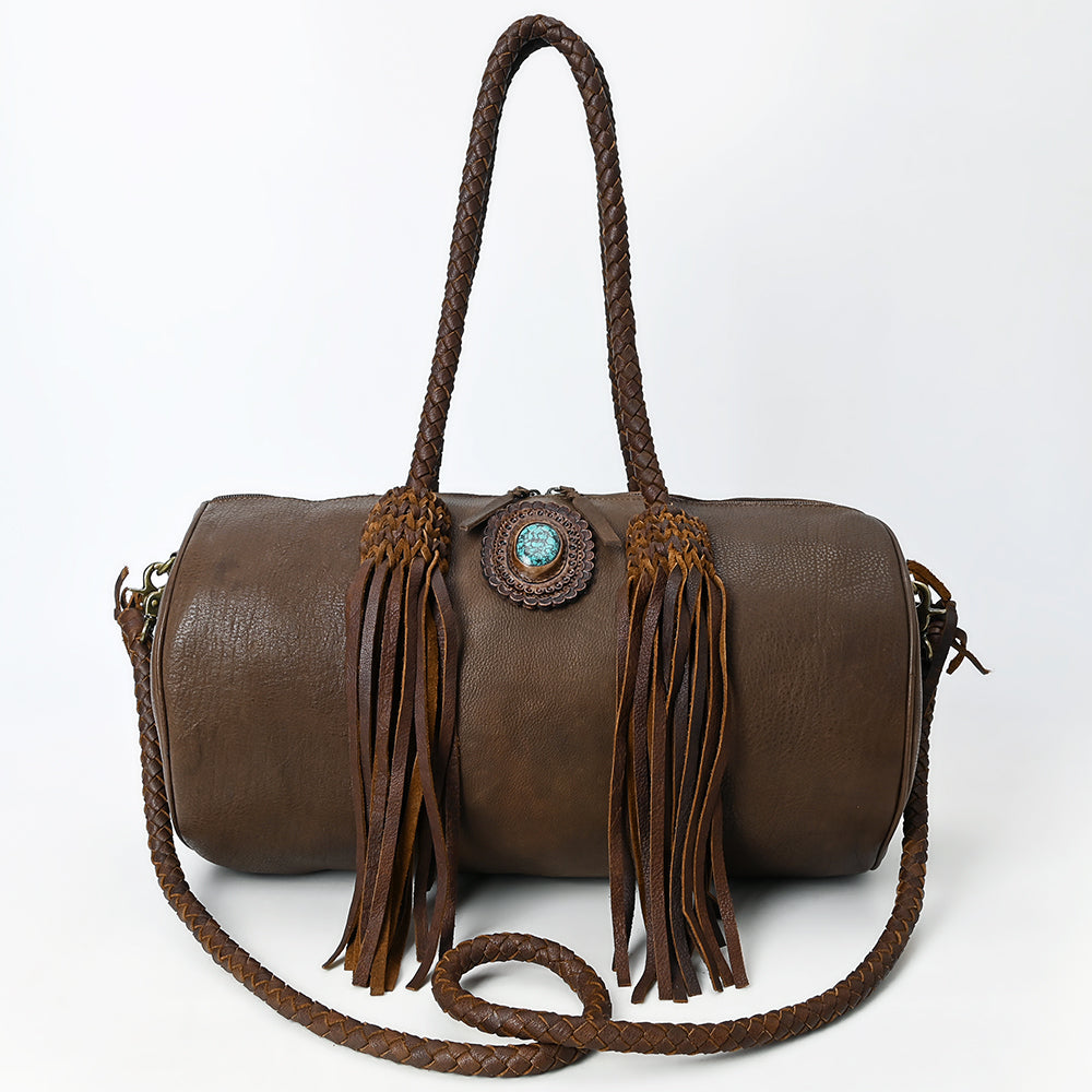 ADBGM356 Western Barrel Duffel Bag in Brown Leather with Turquoise Concho & Fringe - Handmade Travel Tote
