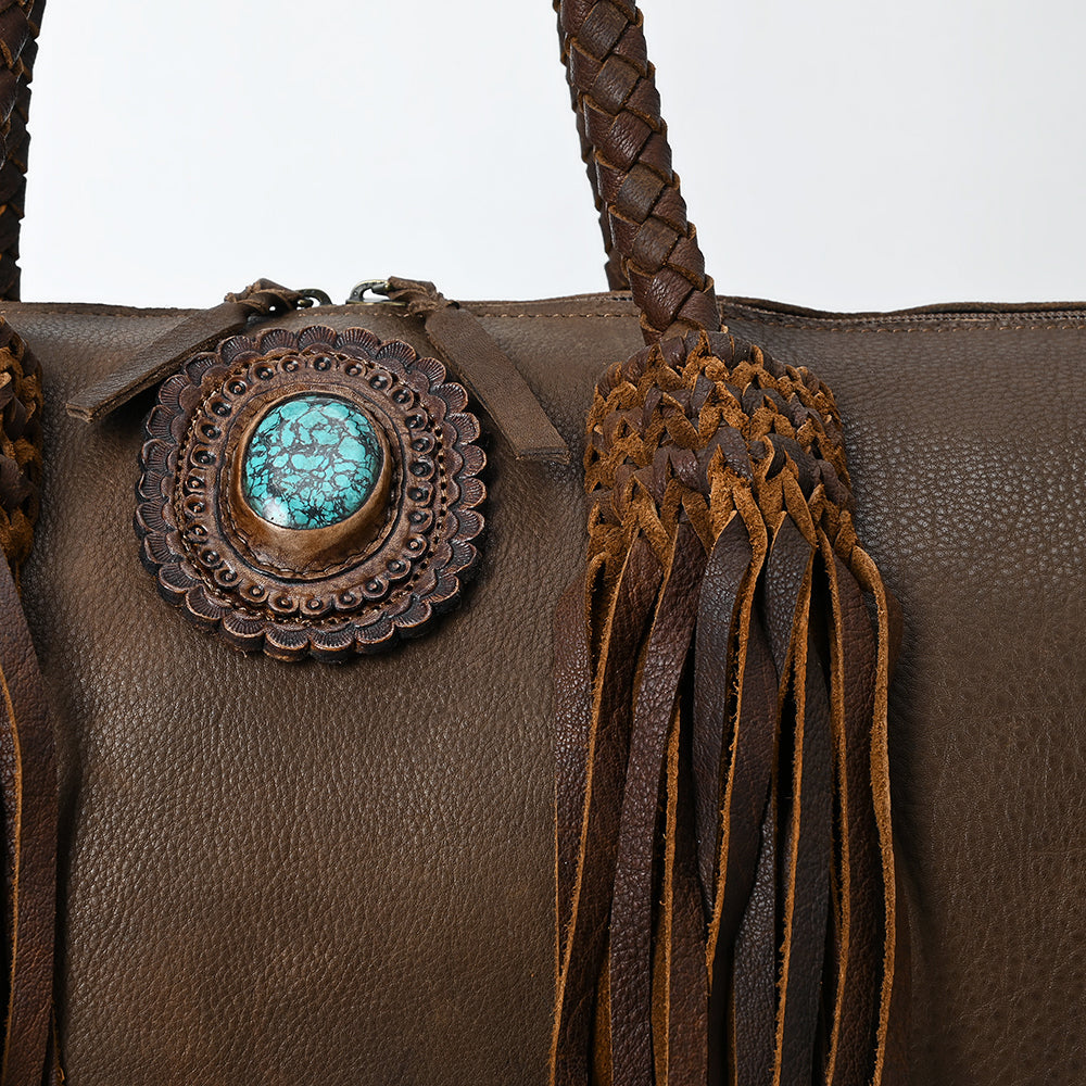 ADBGM356 Western Barrel Duffel Bag in Brown Leather with Turquoise Concho & Fringe - Handmade Travel Tote