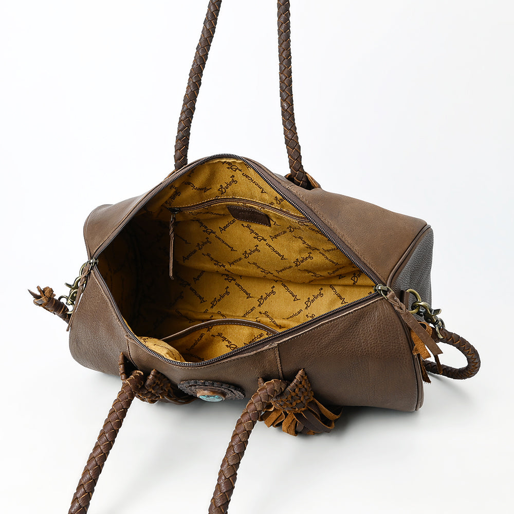ADBGM356 Western Barrel Duffel Bag in Brown Leather with Turquoise Concho & Fringe - Handmade Travel Tote