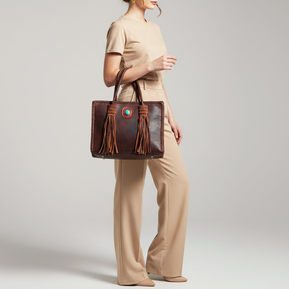 ADBGM348 Leather Tote Bag with Turquoise Concho & Fringe - Handmade Western Braided Strap Purse