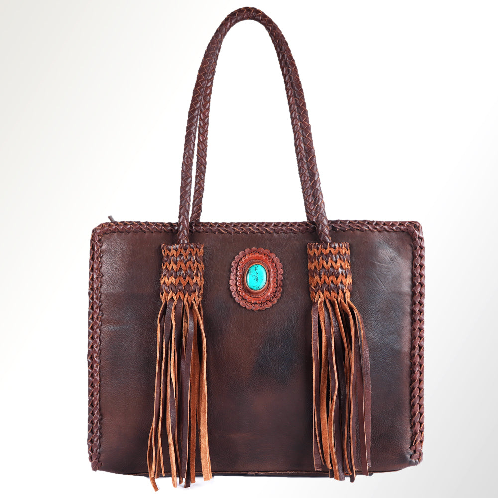 ADBGM348 Leather Tote Bag with Turquoise Concho & Fringe - Handmade Western Braided Strap Purse