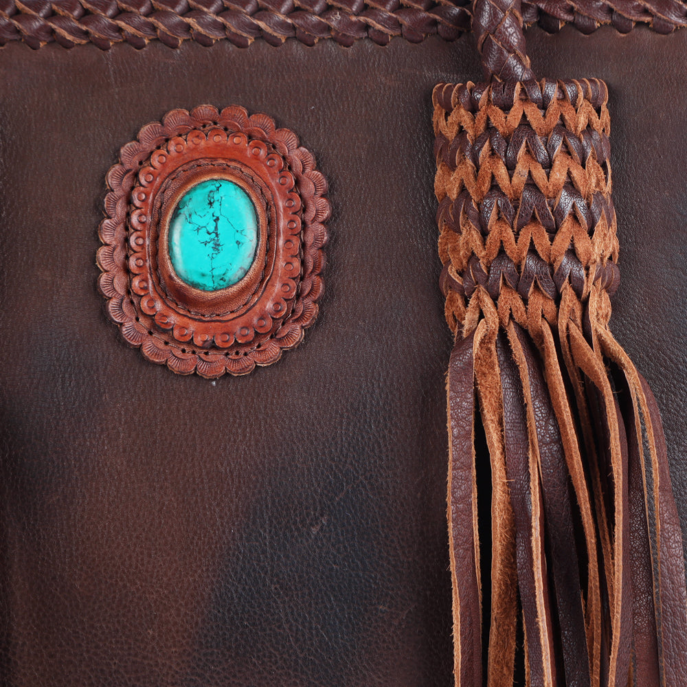 ADBGM348 Leather Tote Bag with Turquoise Concho & Fringe - Handmade Western Braided Strap Purse
