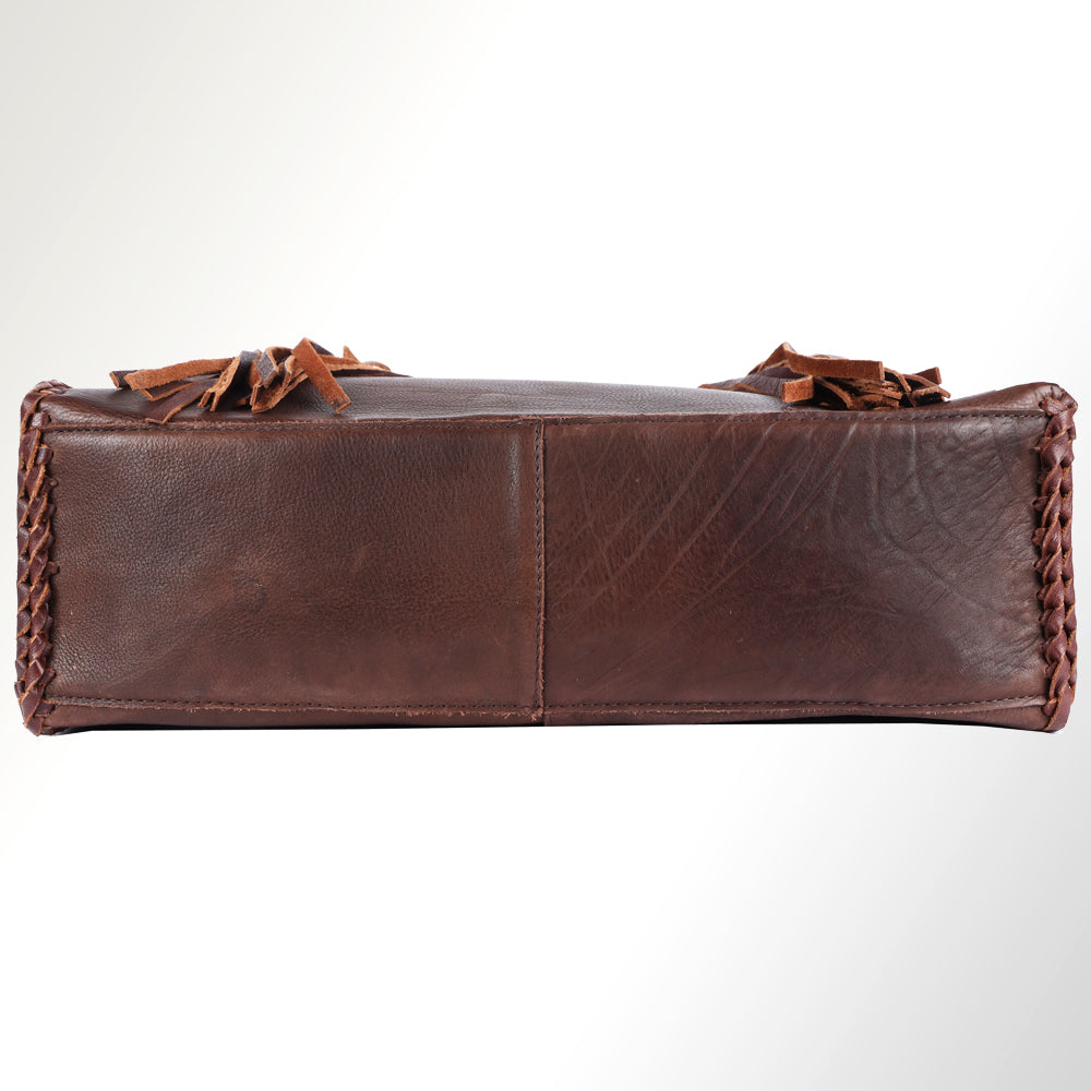 ADBGM348 Leather Tote Bag with Turquoise Concho & Fringe - Handmade Western Braided Strap Purse