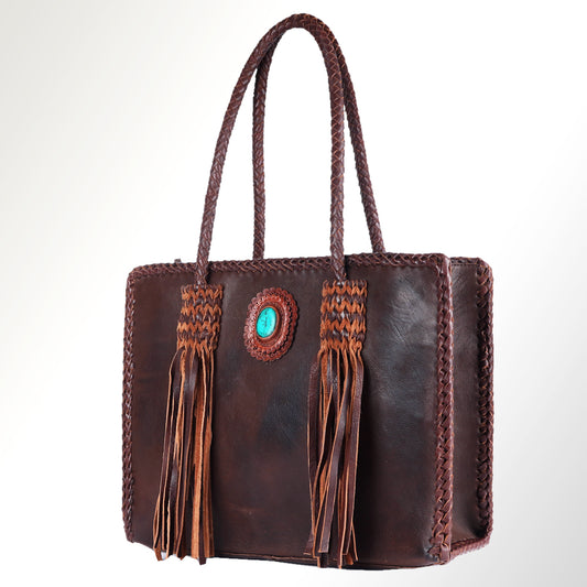 ADBGM348 Leather Tote Bag with Turquoise Concho & Fringe - Handmade Western Braided Strap Purse