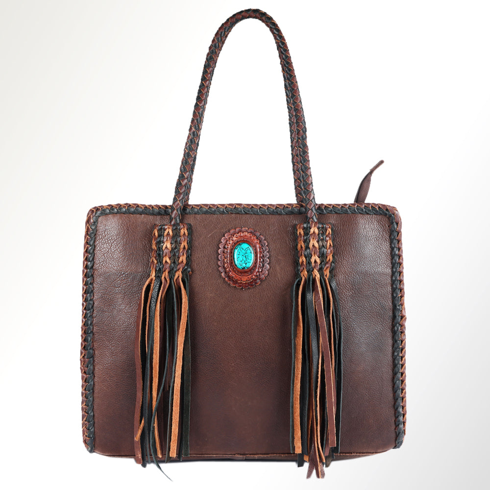ADBGM348 Leather Tote Bag with Turquoise Concho & Fringe - Handmade Western Braided Strap Purse