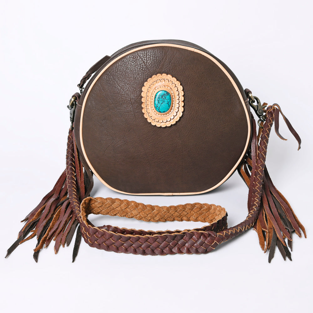 ADBGM292 Round Western Canteen Bag - Turquoise Concho, Fringe & Braided Strap