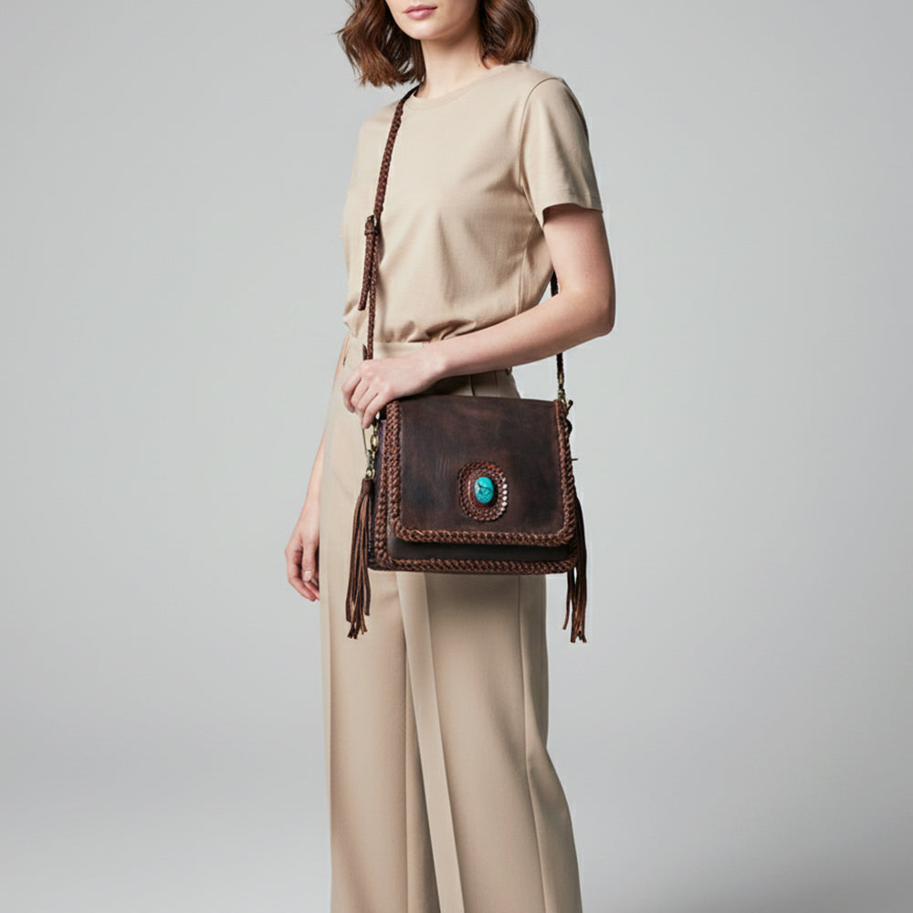 ADBGM346 Dark Brown Leather Crossbody Bag with Turquoise Concho - Handmade Western Braided Flap Purse