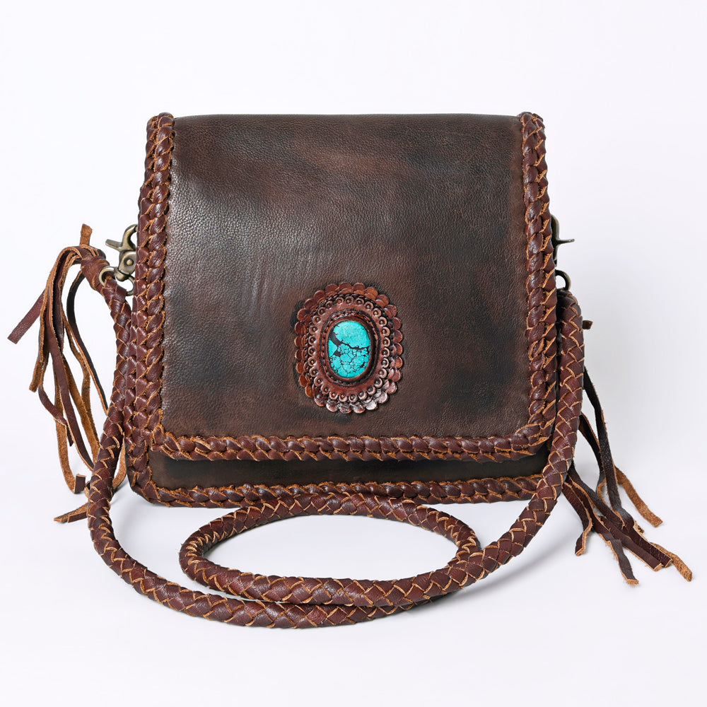 ADBGM346 Dark Brown Leather Crossbody Bag with Turquoise Concho - Handmade Western Braided Flap Purse