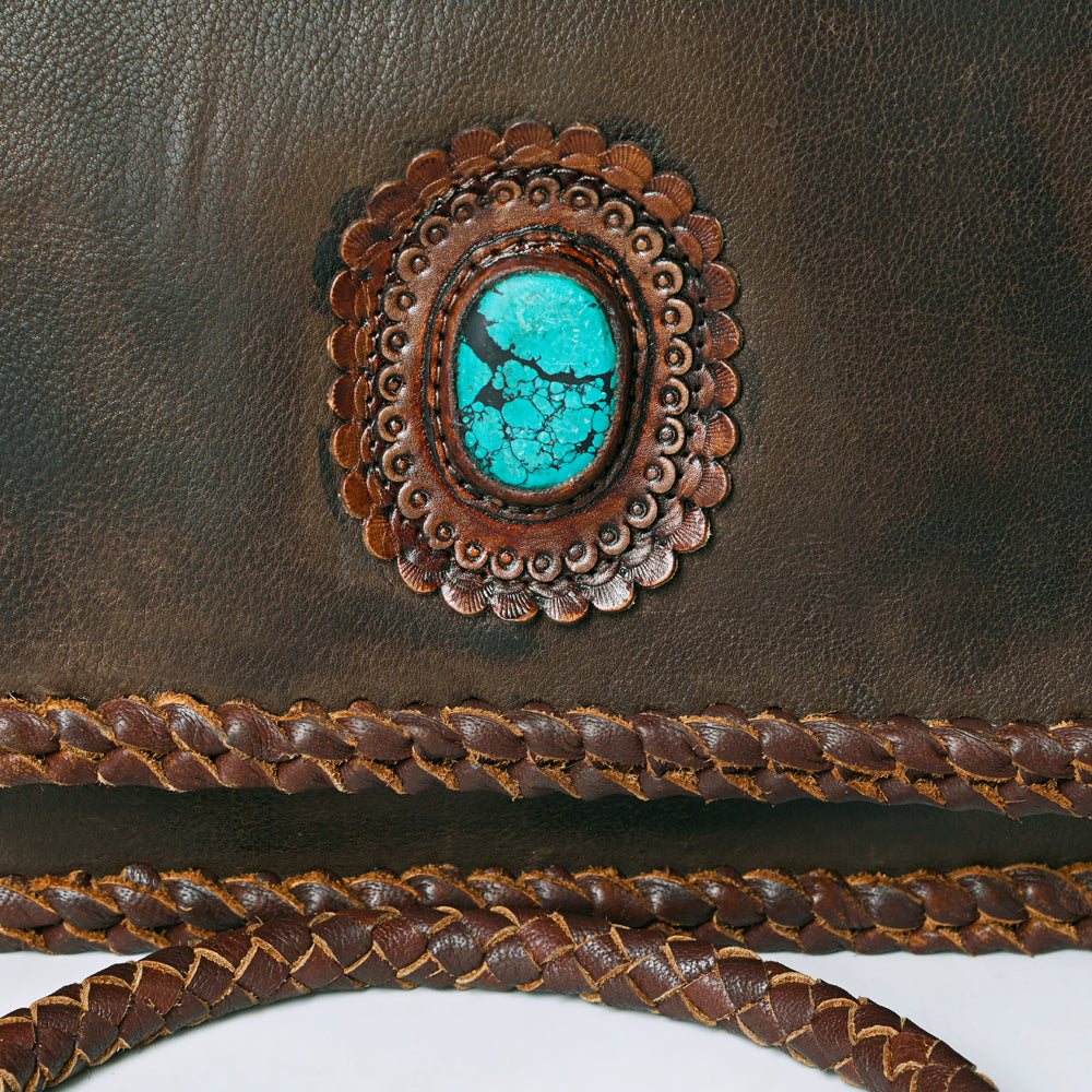 ADBGM346 Dark Brown Leather Crossbody Bag with Turquoise Concho - Handmade Western Braided Flap Purse