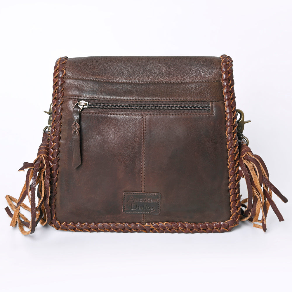 ADBGM346 Dark Brown Leather Crossbody Bag with Turquoise Concho - Handmade Western Braided Flap Purse