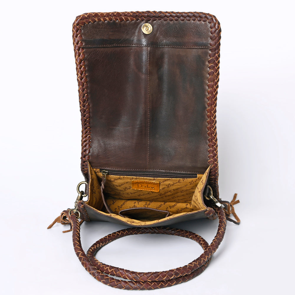 ADBGM346 Dark Brown Leather Crossbody Bag with Turquoise Concho - Handmade Western Braided Flap Purse