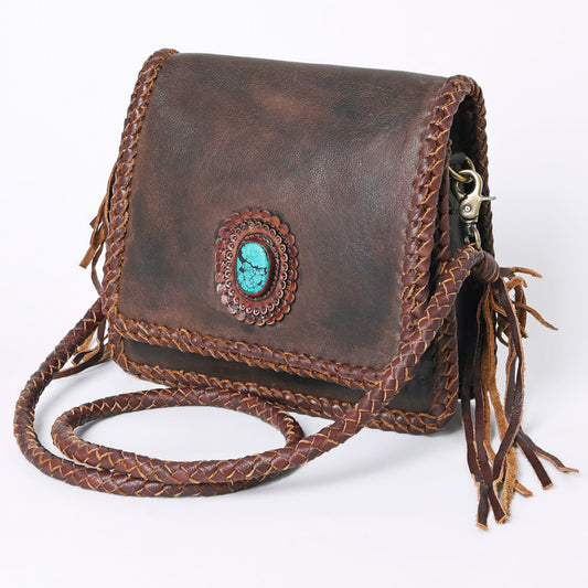 ADBGM346 Dark Brown Leather Crossbody Bag with Turquoise Concho - Handmade Western Braided Flap Purse