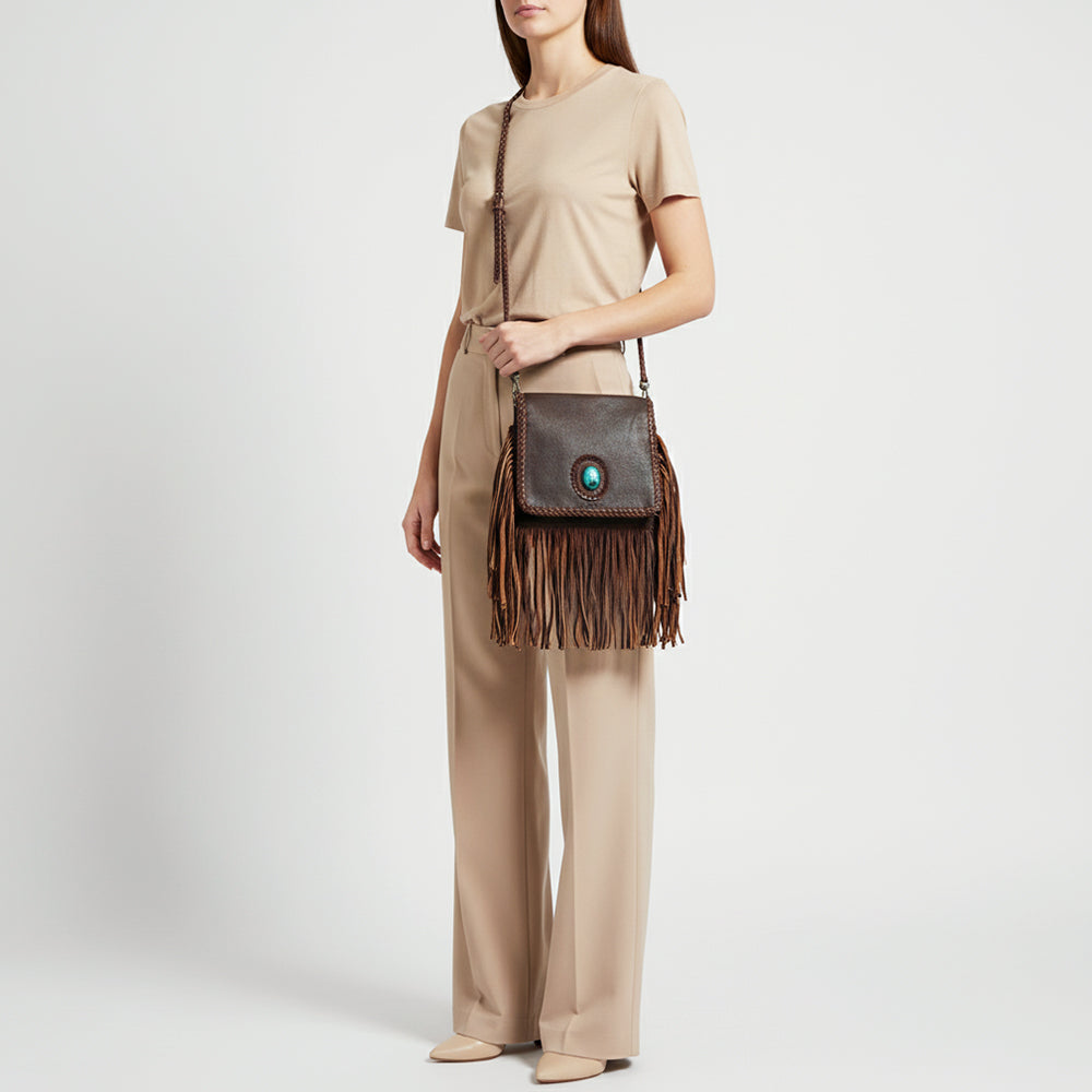 ADBGM346 Dark Brown Leather Crossbody Bag with Turquoise Concho - Handmade Western Braided Flap Purse
