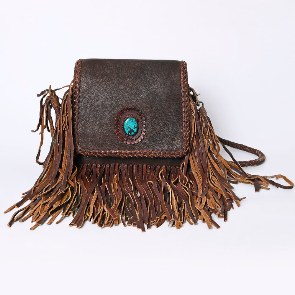 ADBGM346 Dark Brown Leather Crossbody Bag with Turquoise Concho - Handmade Western Braided Flap Purse