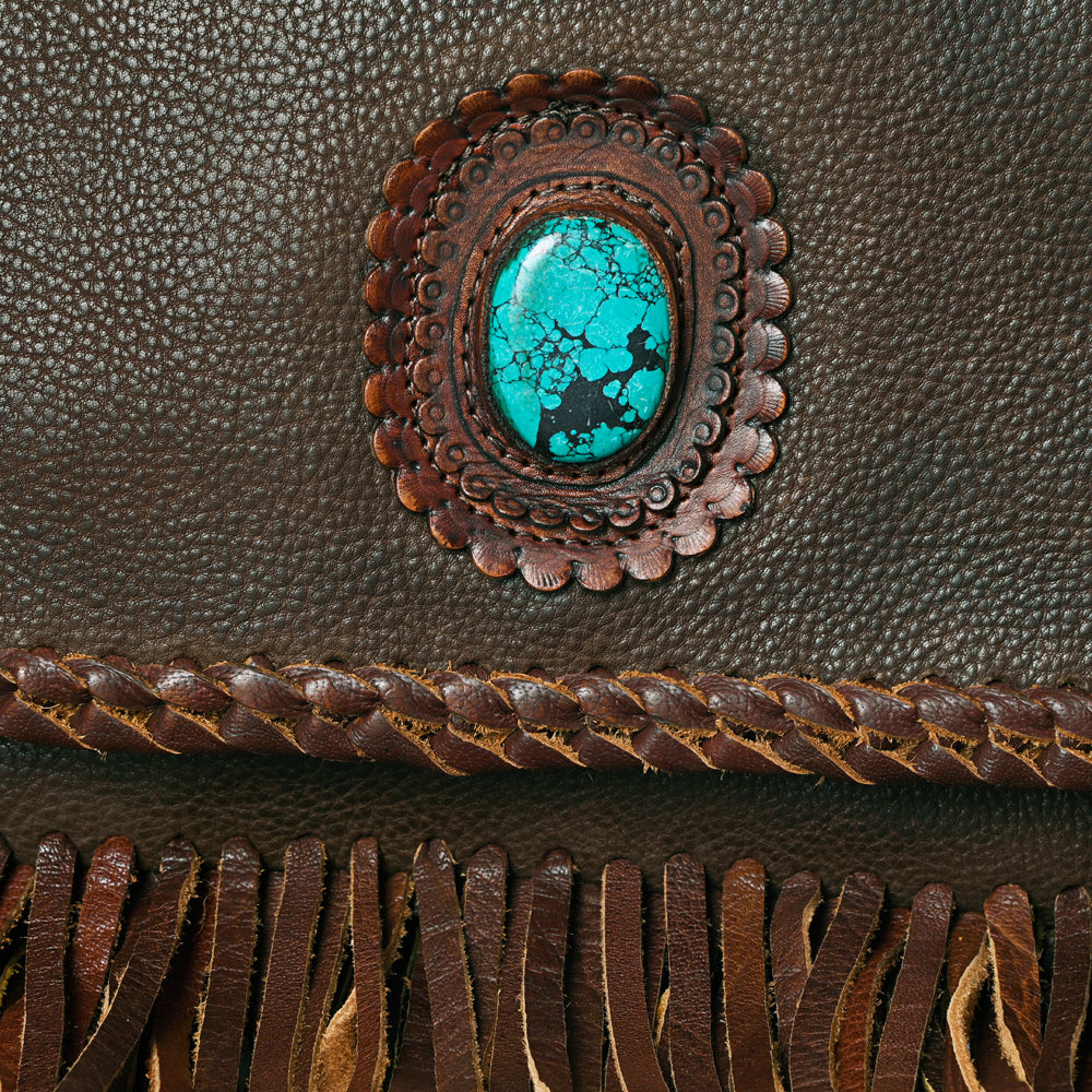 ADBGM346 Dark Brown Leather Crossbody Bag with Turquoise Concho - Handmade Western Braided Flap Purse