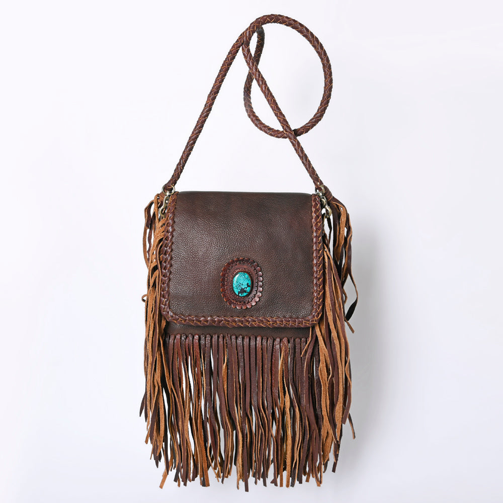 ADBGM346 Dark Brown Leather Crossbody Bag with Turquoise Concho - Handmade Western Braided Flap Purse