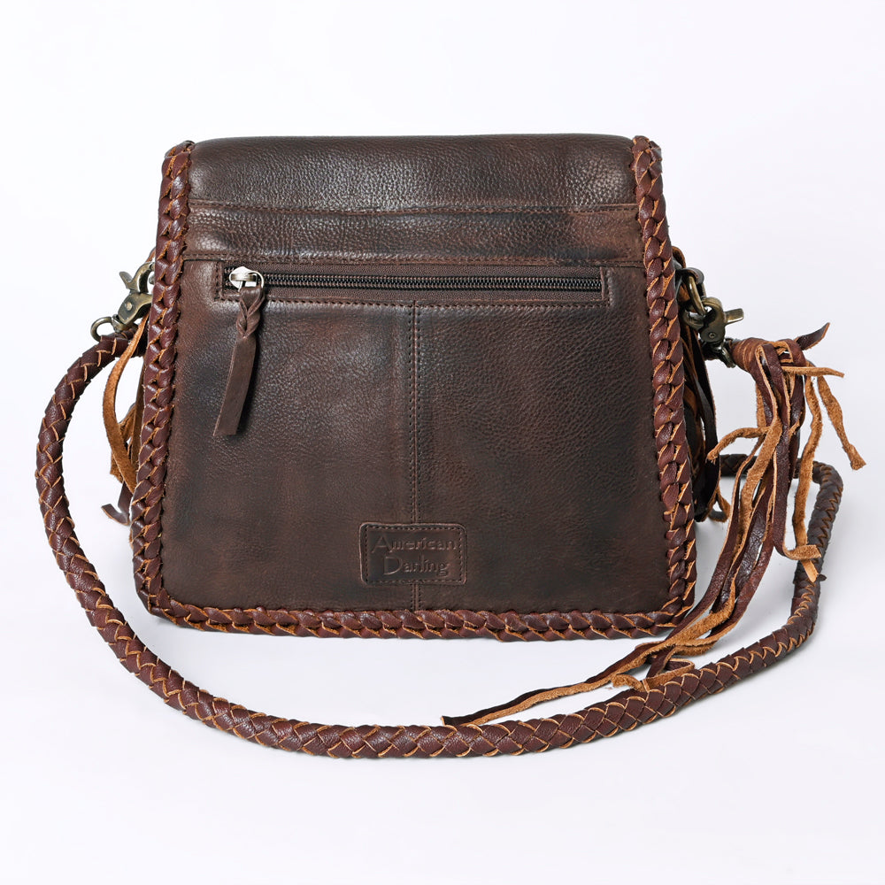 ADBGM346 Dark Brown Leather Crossbody Bag with Turquoise Concho - Handmade Western Braided Flap Purse