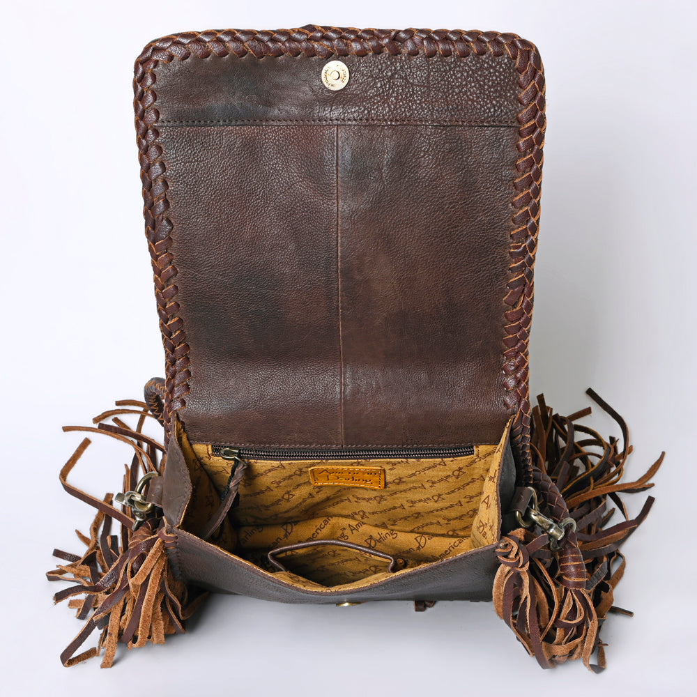 ADBGM346 Dark Brown Leather Crossbody Bag with Turquoise Concho - Handmade Western Braided Flap Purse
