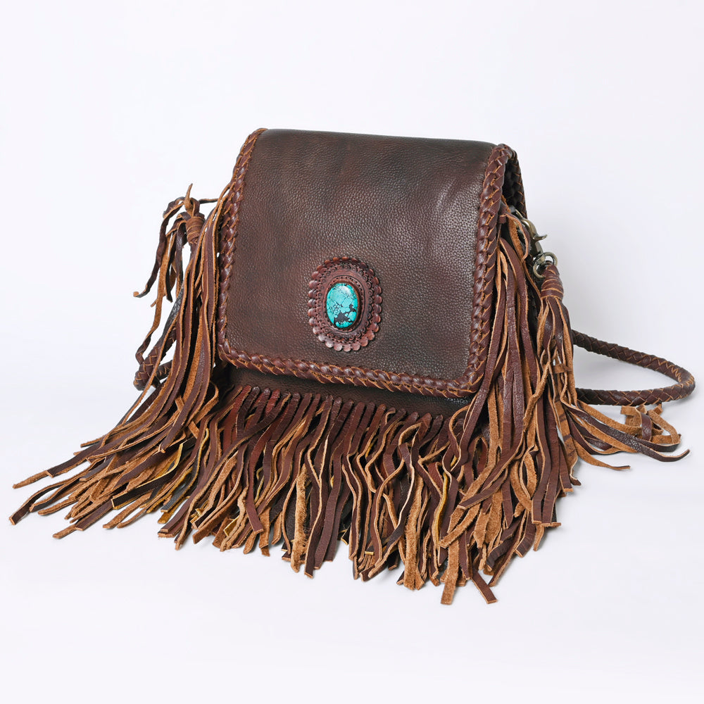 ADBGM346 Dark Brown Leather Crossbody Bag with Turquoise Concho - Handmade Western Braided Flap Purse