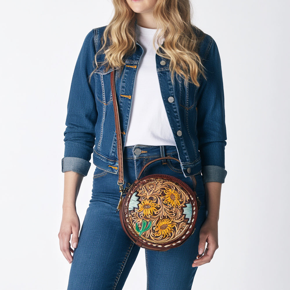 ADBG1188 American Darling Western Tooled Leather Canteen Bag Floral Carved Inlay