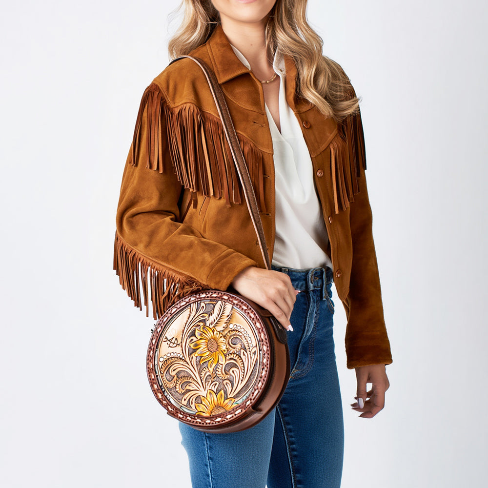 ADBG1188 American Darling Western Tooled Leather Canteen Bag Floral Carved Inlay