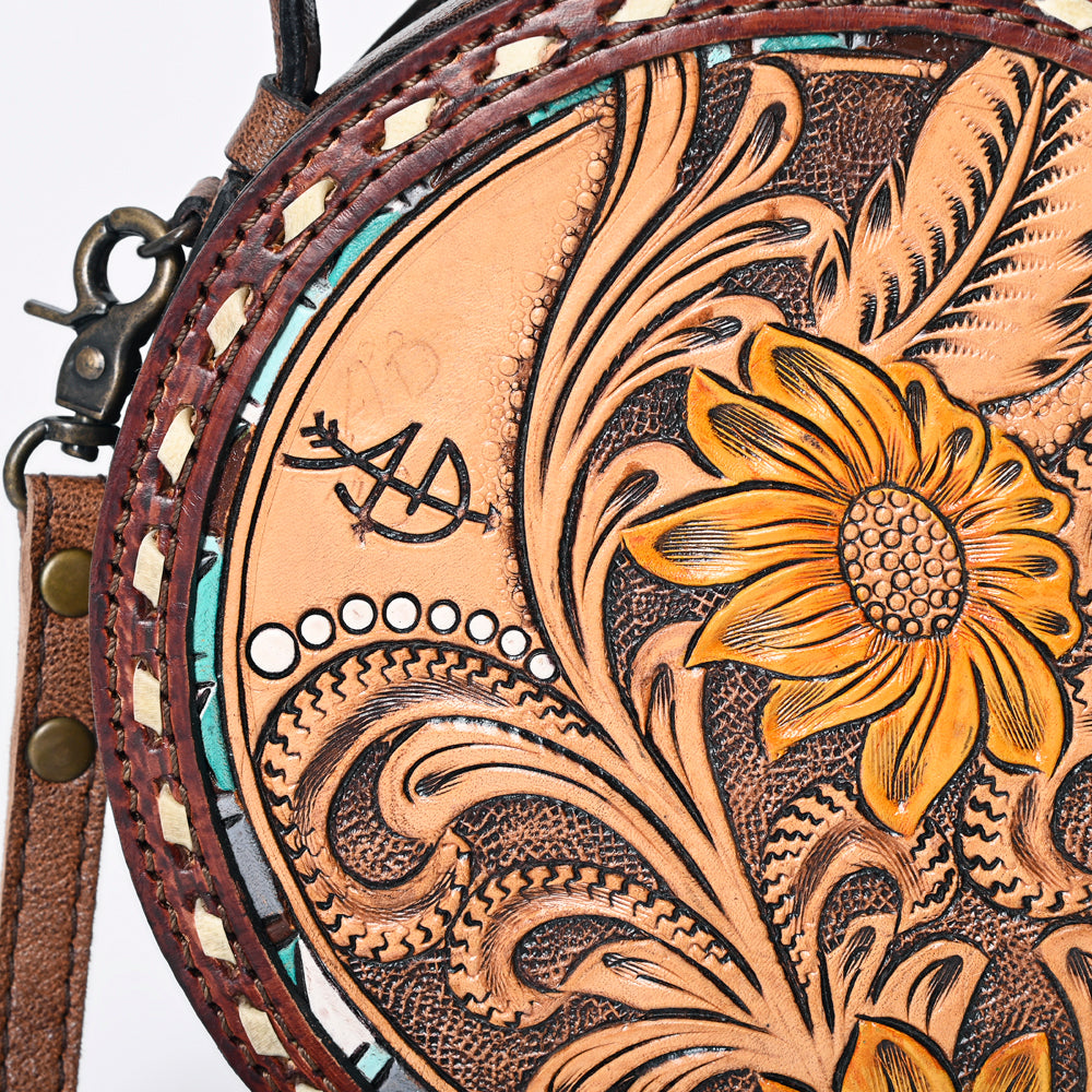 ADBG1188 American Darling Western Tooled Leather Canteen Bag Floral Carved Inlay