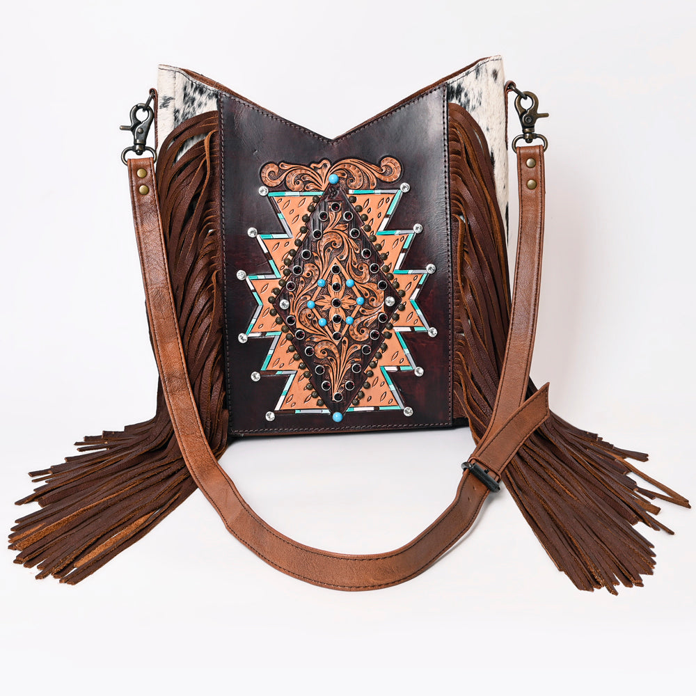 ADBG1219 American Darling Hand-Tooled Hair-On Cowhide Western Leather Fringe Crossbody Bag
