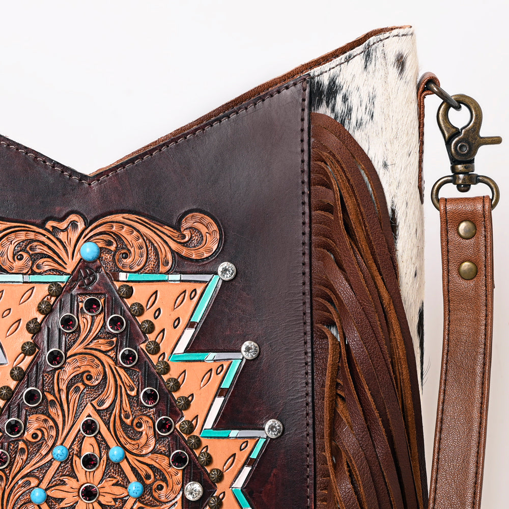 ADBG1219 American Darling Hand-Tooled Hair-On Cowhide Western Leather Fringe Crossbody Bag