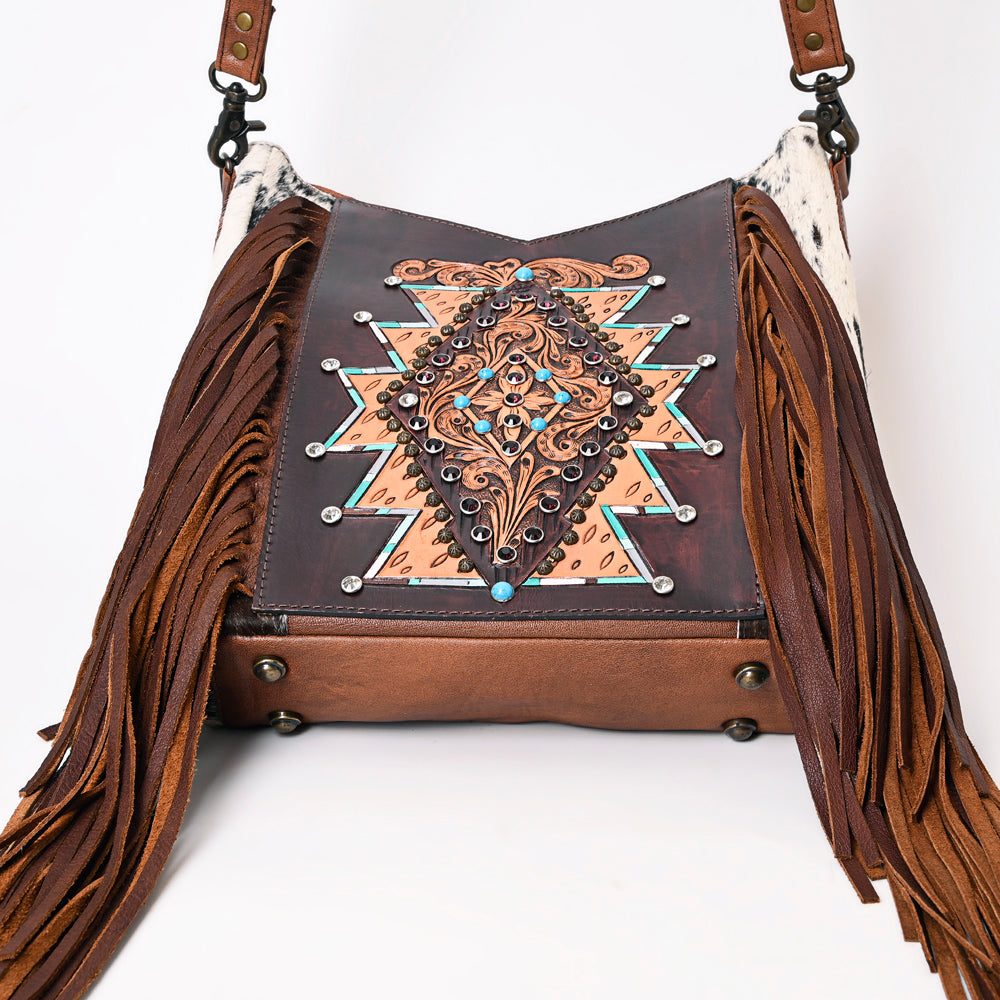 ADBG1219 American Darling Hand-Tooled Hair-On Cowhide Western Leather Fringe Crossbody Bag