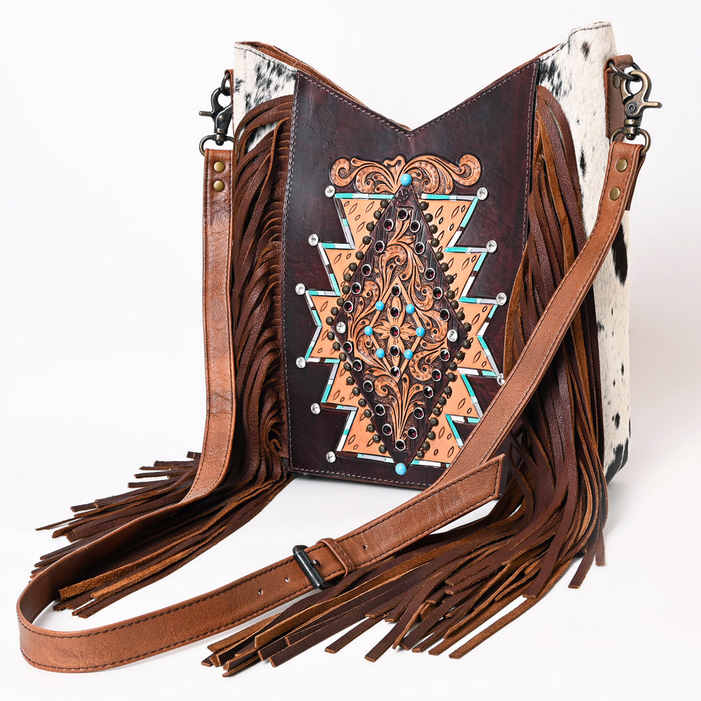 ADBG1219 American Darling Hand-Tooled Hair-On Cowhide Western Leather Fringe Crossbody Bag