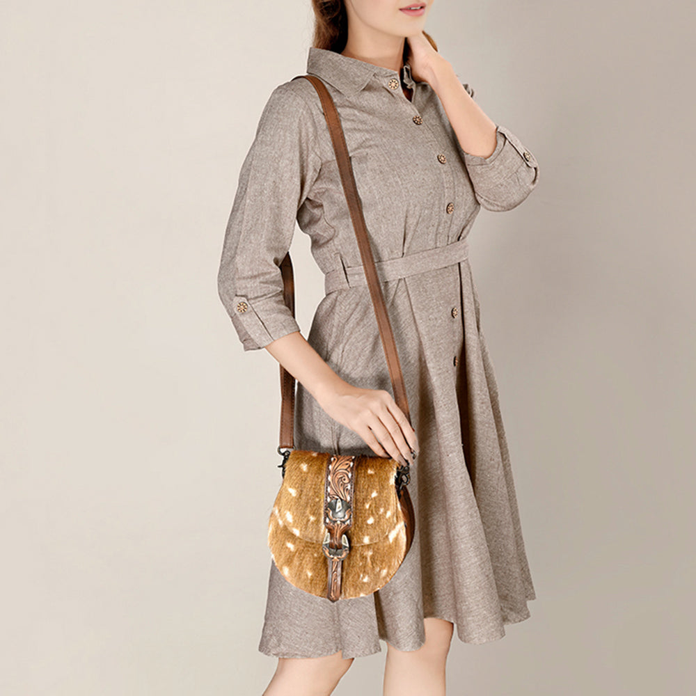 ADBG1222 American Darling Hair-on and Hand-Tooled Genuine Leather Western Crossbody Bag