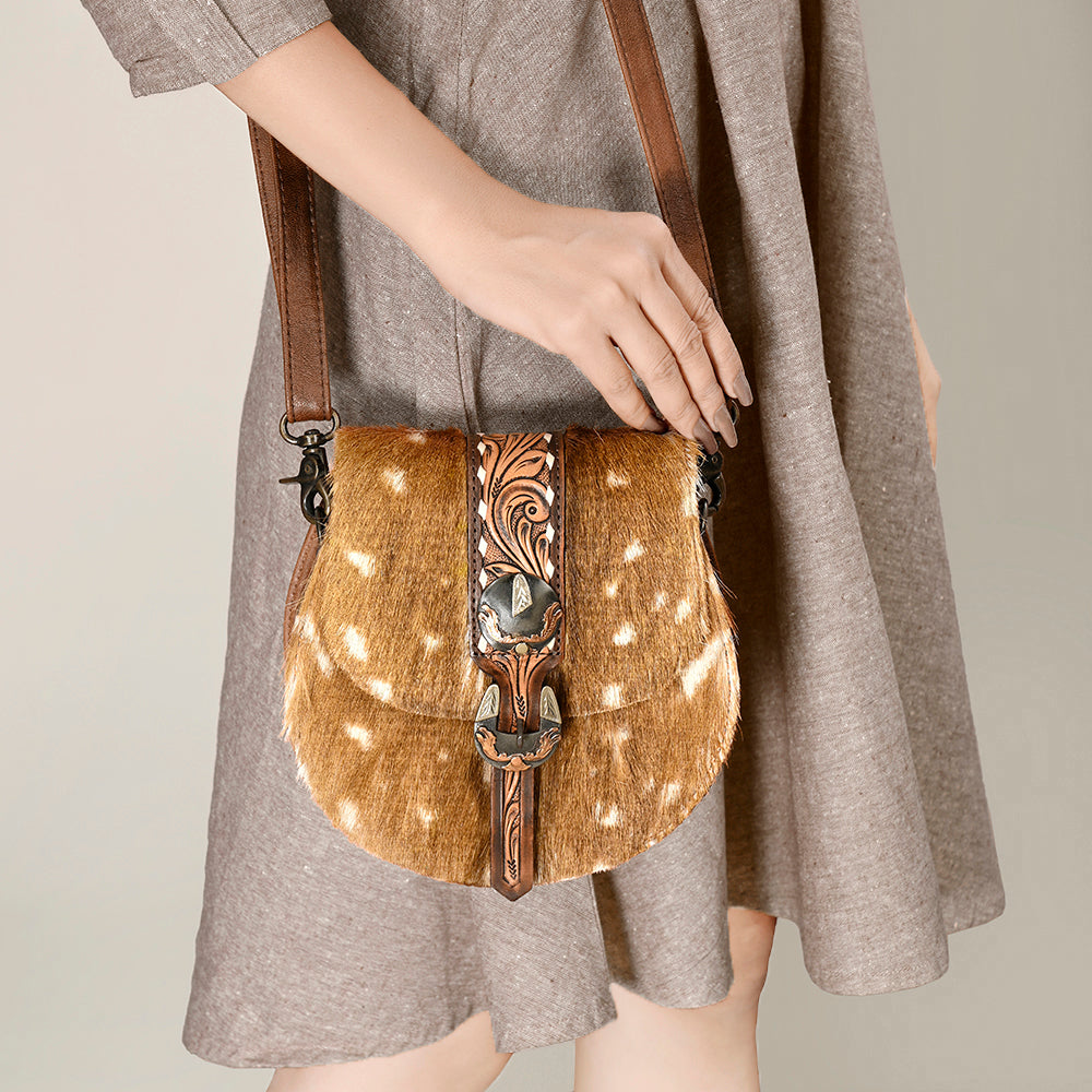 ADBG1222 American Darling Hair-on and Hand-Tooled Genuine Leather Western Crossbody Bag