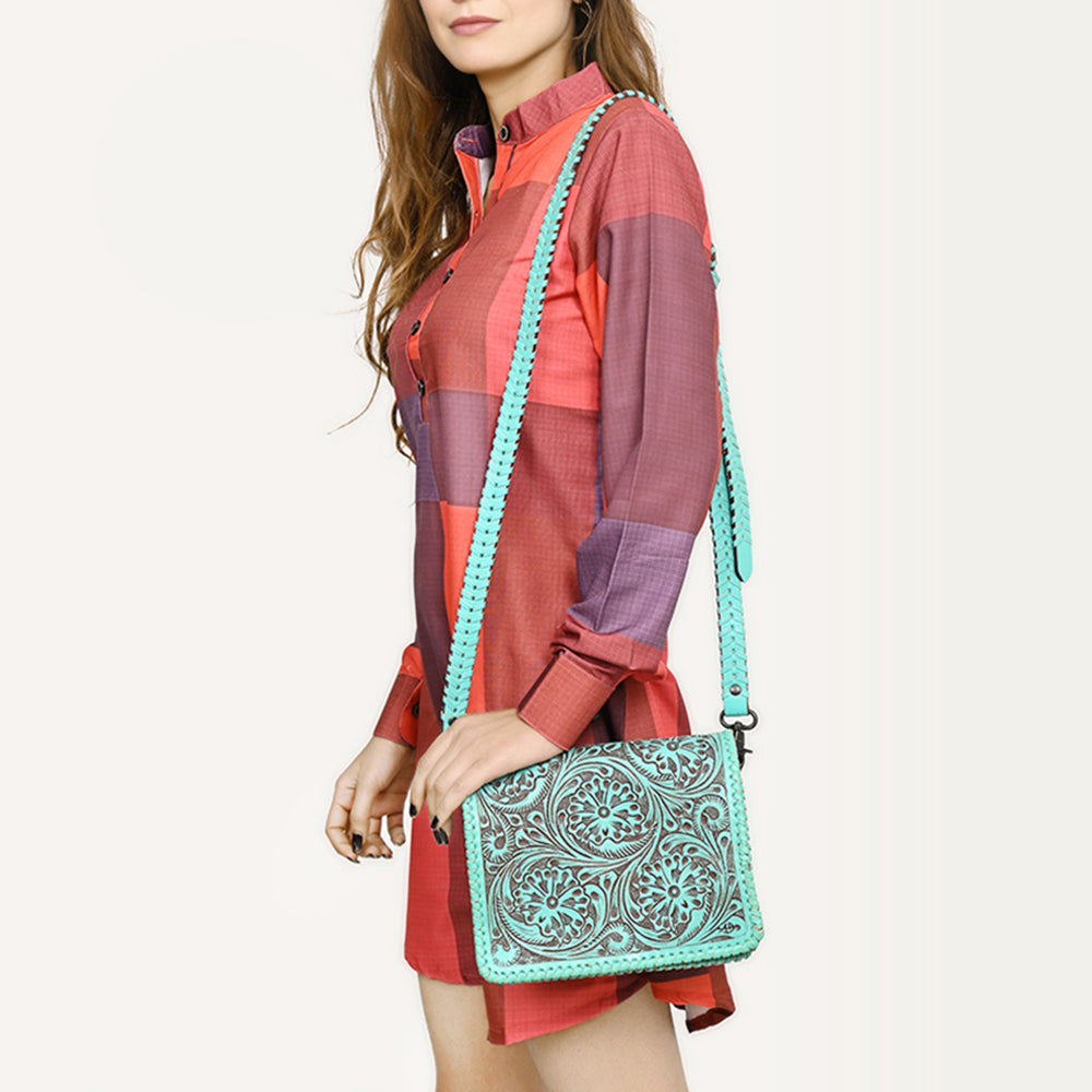 ADBGZ751 Hand Tooled Leather Crossbody Bag - Western Floral Whipstitch Sling