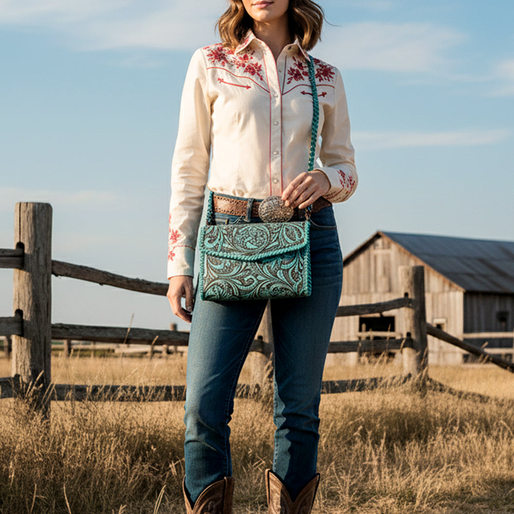 ADBGZ752 Natural Hand Tooled Leather Wallet Bag - Western Floral Whipstitch Purse