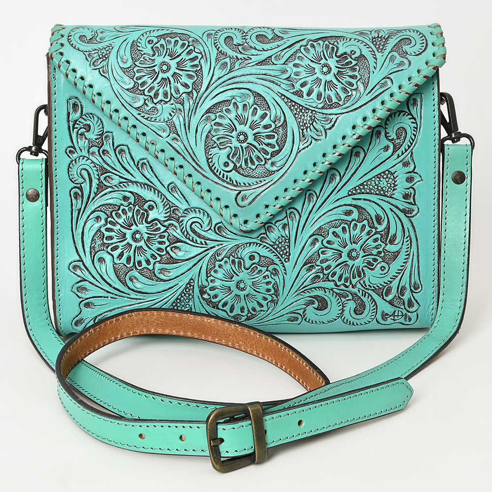 ADBGZ754 Envelope Hand Tooled Leather Wallet Bag - Western Floral Whipstitch Purse