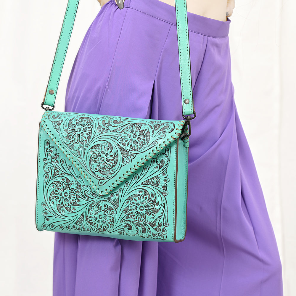 ADBGZ754 Envelope Hand Tooled Leather Wallet Bag - Western Floral Whipstitch Purse