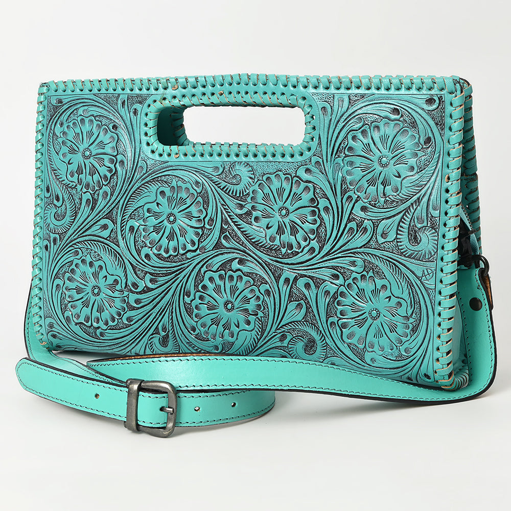 ADBGZ755 Hand Tooled Leather Clutch Wallet - Western Floral Cutout Handle Purse