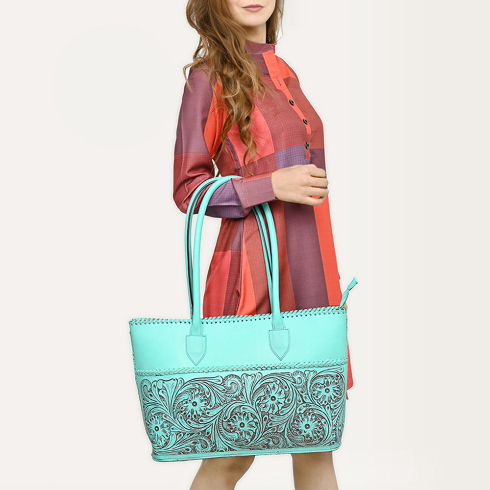 ADBGZ756 Tall Hand Tooled Leather Tote Bag - Western Floral Half-Tooled Cowgirl Purse