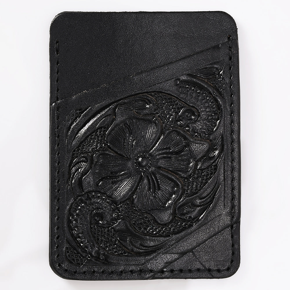 ADCCG108A Hand-Tooled Black Leather Card Holder - Western Floral Slim Vertical Wallet