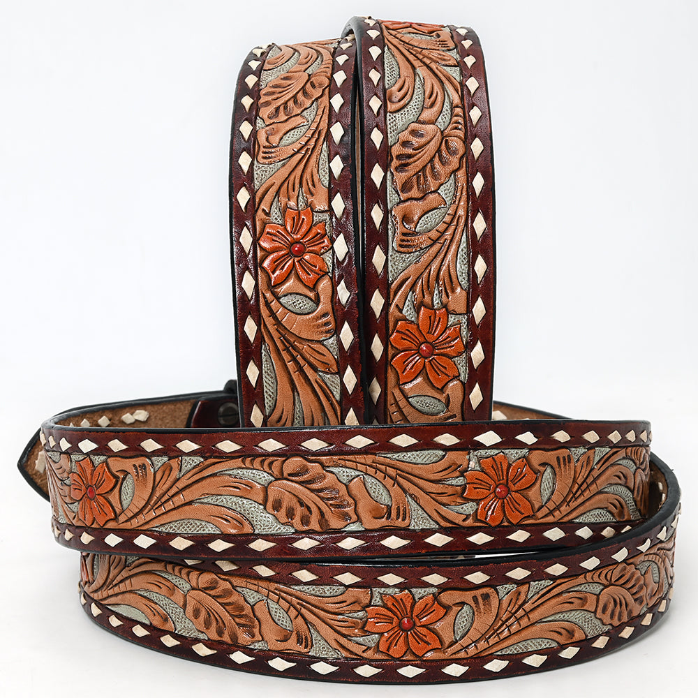 LC-ADBLF120A Tooled Leather Belt - Maroon & Tan with Red Floral Design and Diamond Border