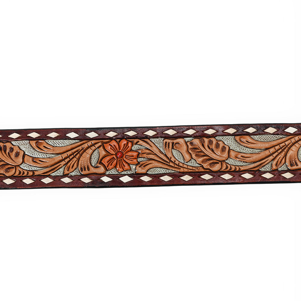 LC-ADBLF120A Tooled Leather Belt - Maroon & Tan with Red Floral Design and Diamond Border