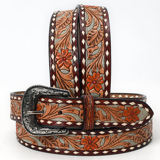LC-ADBLF120A Tooled Leather Belt - Maroon & Tan with Red Floral Design and Diamond Border